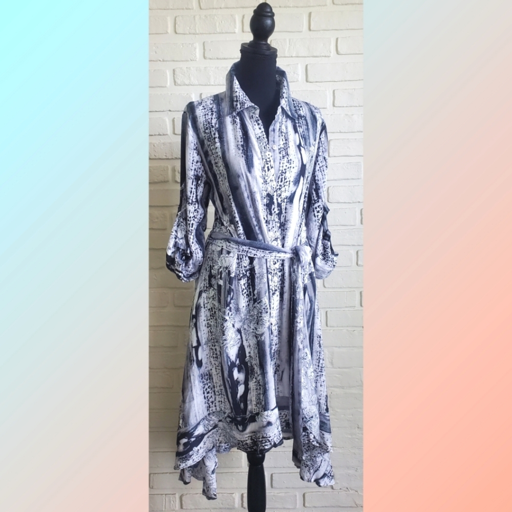NWT Papa Vancouver Rayon  Asymmetrical Collar Shirt Dress Flowy 3/4 Sleeve Large